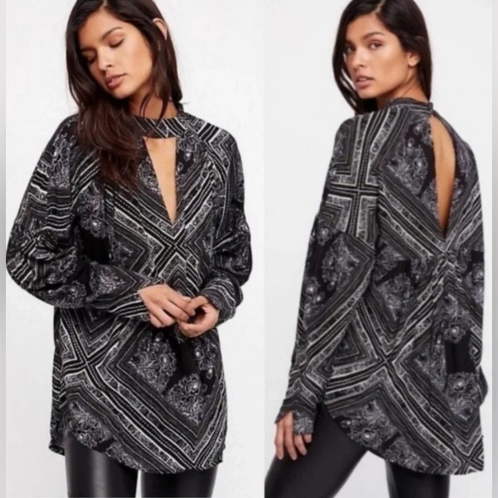 Free People Walking on a Dream Long Sleeve Flowy Sexy Black Keyhole Neck Tunic S